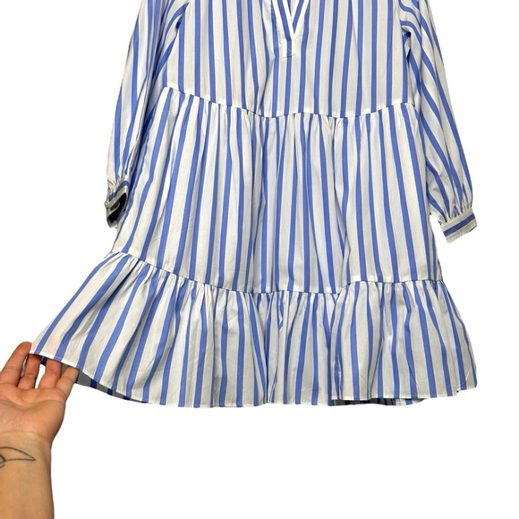 J.CREW Tiered Organic Cotton Poplin Long Sleeve Mini Dress Blue Barrie Stripe XS - Picture 11 of 15